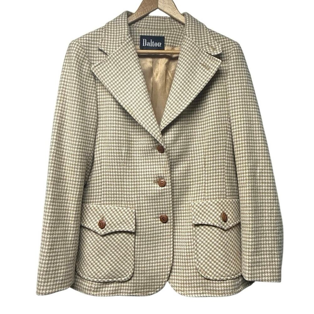 Vintage Dalton Size 12 Cream Tan Houndstooth Blazer Elbow Patches Equestrian